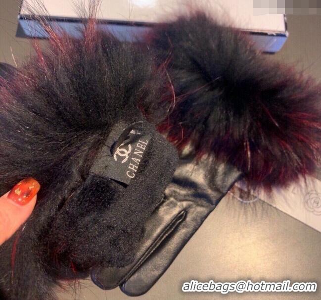 Buy Classic Chanel Rabbit Fur and Black Lambskin Gloves with Fox Fur Charm 1129 Red 2024
