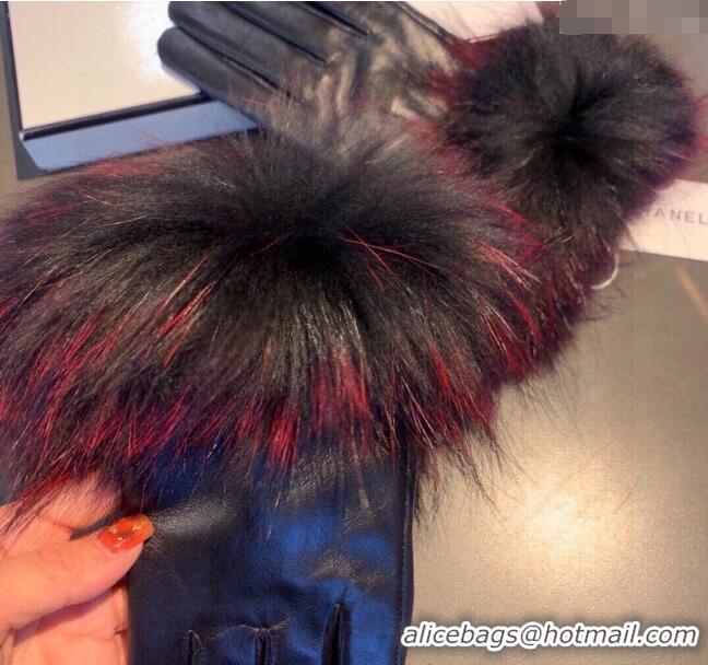 Buy Classic Chanel Rabbit Fur and Black Lambskin Gloves with Fox Fur Charm 1129 Red 2024