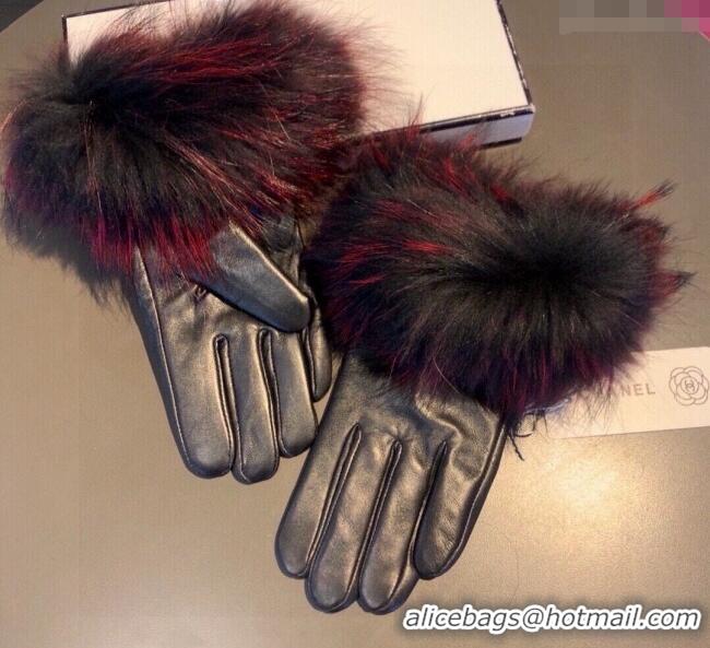 Buy Classic Chanel Rabbit Fur and Black Lambskin Gloves with Fox Fur Charm 1129 Red 2024