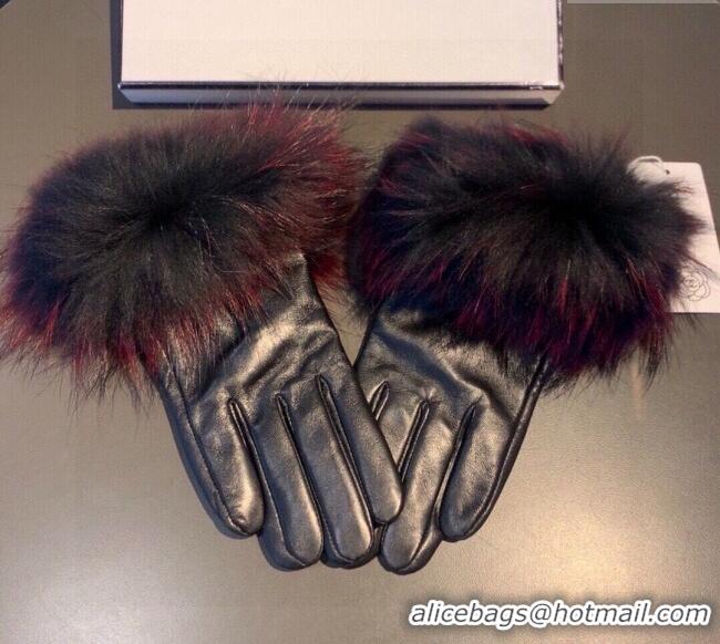 Buy Classic Chanel Rabbit Fur and Black Lambskin Gloves with Fox Fur Charm 1129 Red 2024