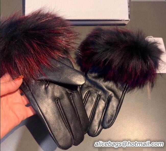 Buy Classic Chanel Rabbit Fur and Black Lambskin Gloves with Fox Fur Charm 1129 Red 2024
