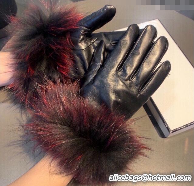Buy Classic Chanel Rabbit Fur and Black Lambskin Gloves with Fox Fur Charm 1129 Red 2024