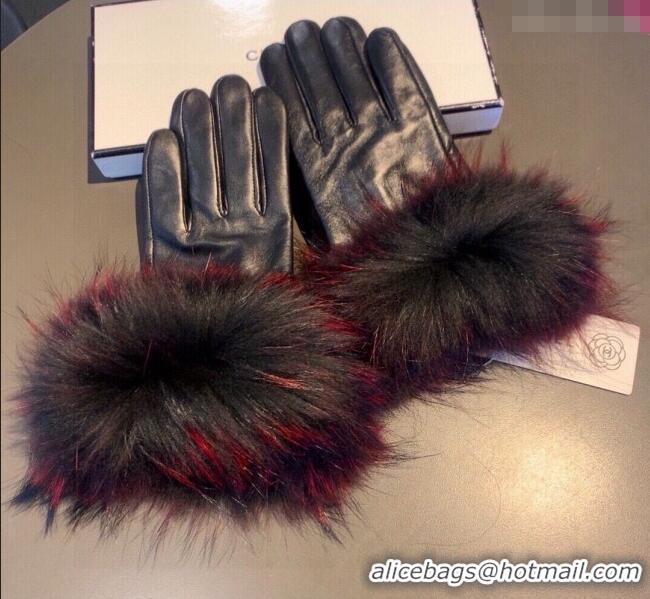 Buy Classic Chanel Rabbit Fur and Black Lambskin Gloves with Fox Fur Charm 1129 Red 2024