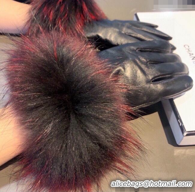 Buy Classic Chanel Rabbit Fur and Black Lambskin Gloves with Fox Fur Charm 1129 Red 2024