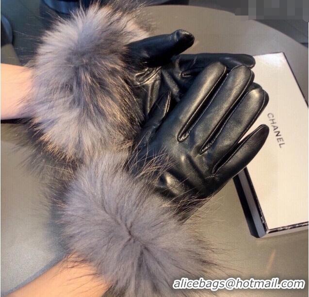 Best Product Chanel Rabbit Fur and Lambskin Gloves with Fox Fur Charm 1129 Grey 2024