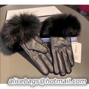 Luxury Cheap Chanel Rabbit Fur and Lambskin Gloves with Fox Fur Charm 1129 Black 2024