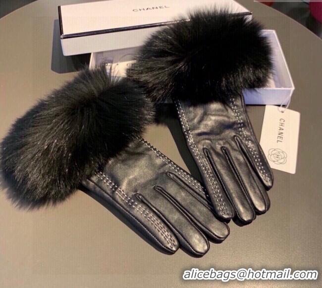 Luxury Cheap Chanel Rabbit Fur and Lambskin Gloves with Fox Fur Charm 1129 Black 2024