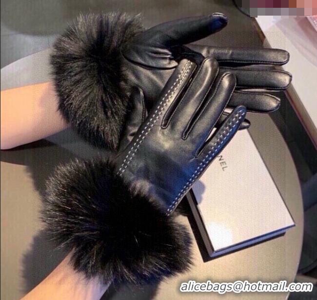 Luxury Cheap Chanel Rabbit Fur and Lambskin Gloves with Fox Fur Charm 1129 Black 2024