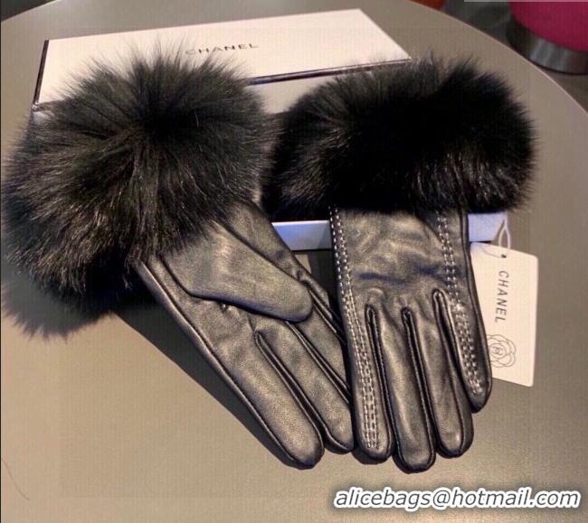 Luxury Cheap Chanel Rabbit Fur and Lambskin Gloves with Fox Fur Charm 1129 Black 2024