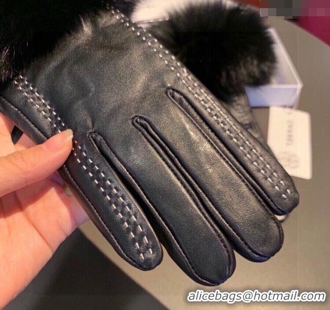Luxury Cheap Chanel Rabbit Fur and Lambskin Gloves with Fox Fur Charm 1129 Black 2024
