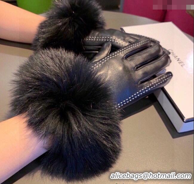 Luxury Cheap Chanel Rabbit Fur and Lambskin Gloves with Fox Fur Charm 1129 Black 2024