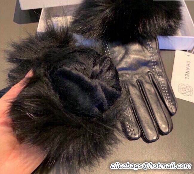 Luxury Cheap Chanel Rabbit Fur and Lambskin Gloves with Fox Fur Charm 1129 Black 2024
