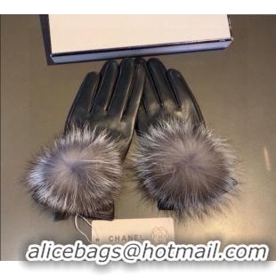 Discount Chanel Rabbit Fur and Black Lambskin Gloves with Fox Fur Pompon 1129 Grey 2024