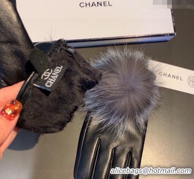 Discount Chanel Rabbit Fur and Black Lambskin Gloves with Fox Fur Pompon 1129 Grey 2024