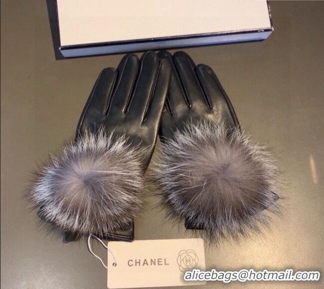 Discount Chanel Rabbit Fur and Black Lambskin Gloves with Fox Fur Pompon 1129 Grey 2024