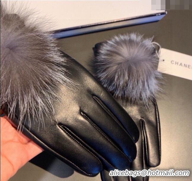 Discount Chanel Rabbit Fur and Black Lambskin Gloves with Fox Fur Pompon 1129 Grey 2024