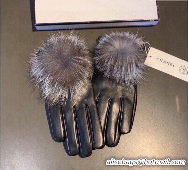 Discount Chanel Rabbit Fur and Black Lambskin Gloves with Fox Fur Pompon 1129 Grey 2024