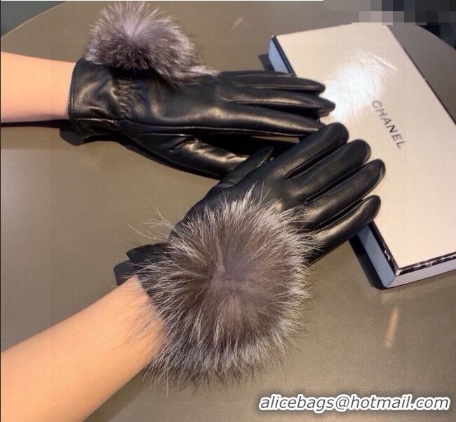 Discount Chanel Rabbit Fur and Black Lambskin Gloves with Fox Fur Pompon 1129 Grey 2024