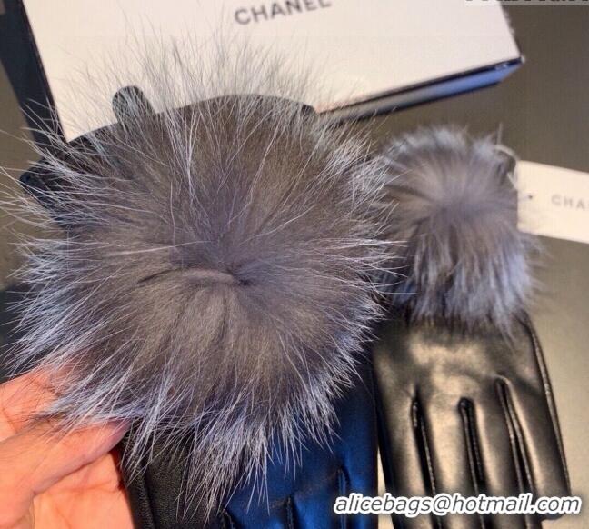 Discount Chanel Rabbit Fur and Black Lambskin Gloves with Fox Fur Pompon 1129 Grey 2024