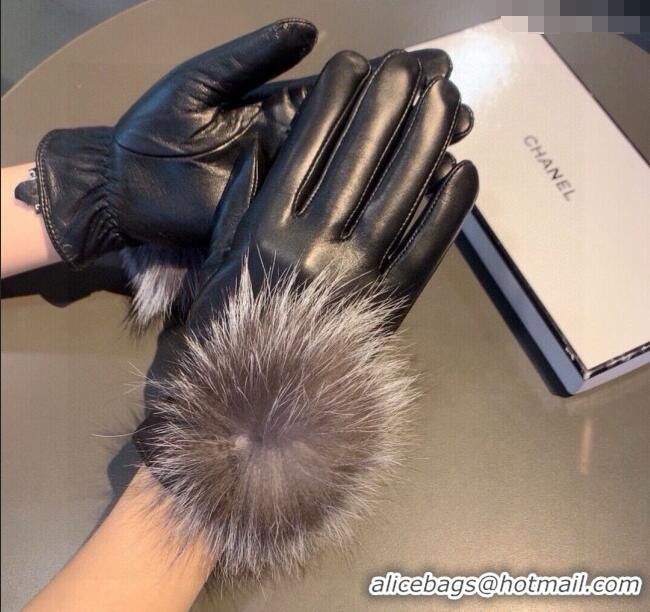 Discount Chanel Rabbit Fur and Black Lambskin Gloves with Fox Fur Pompon 1129 Grey 2024
