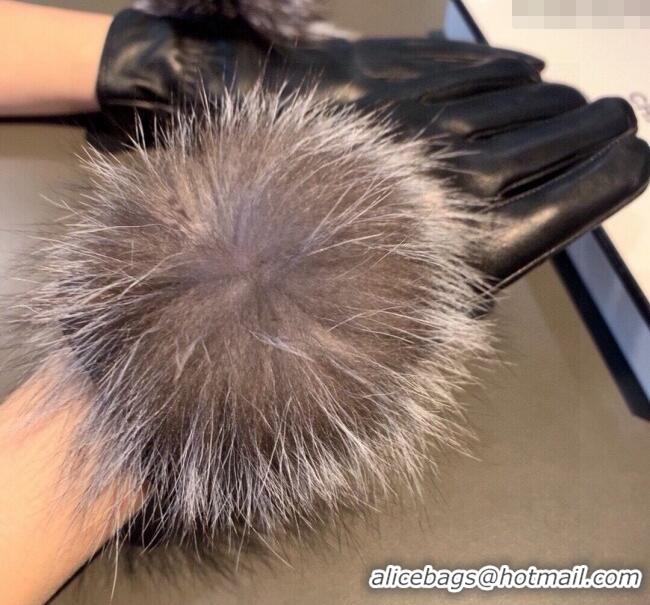 Discount Chanel Rabbit Fur and Black Lambskin Gloves with Fox Fur Pompon 1129 Grey 2024