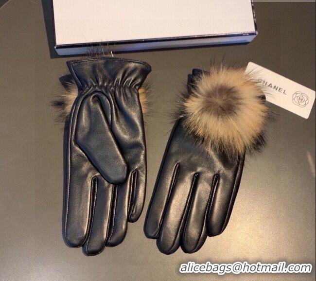 Good Taste Chanel Rabbit Fur and Black Lambskin Gloves with Fox Fur Pompon 1129 Beige 2024