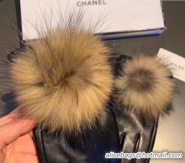Good Taste Chanel Rabbit Fur and Black Lambskin Gloves with Fox Fur Pompon 1129 Beige 2024