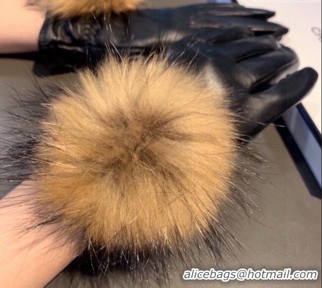 Good Taste Chanel Rabbit Fur and Black Lambskin Gloves with Fox Fur Pompon 1129 Beige 2024
