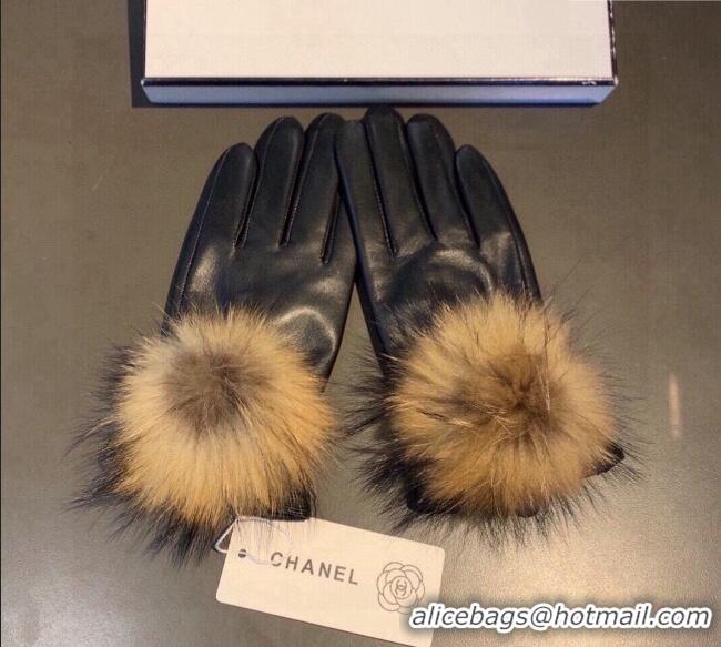 Good Taste Chanel Rabbit Fur and Black Lambskin Gloves with Fox Fur Pompon 1129 Beige 2024