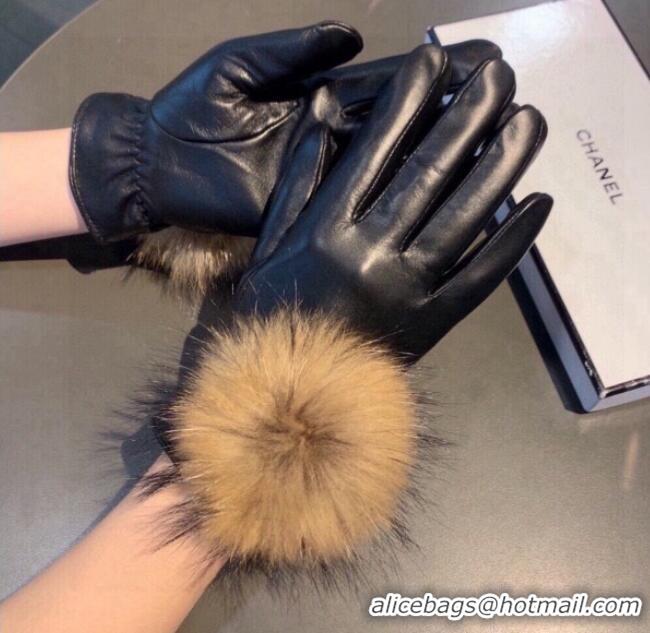 Good Taste Chanel Rabbit Fur and Black Lambskin Gloves with Fox Fur Pompon 1129 Beige 2024