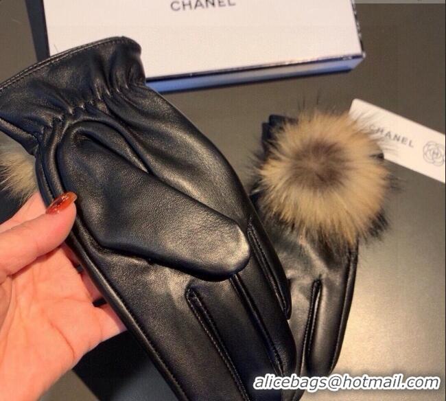 Good Taste Chanel Rabbit Fur and Black Lambskin Gloves with Fox Fur Pompon 1129 Beige 2024