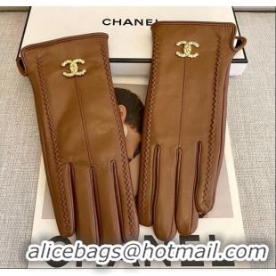 Grade Quality Chanel Lambskin and Cashmere Gloves with Stone CC 1129 Brown 2024