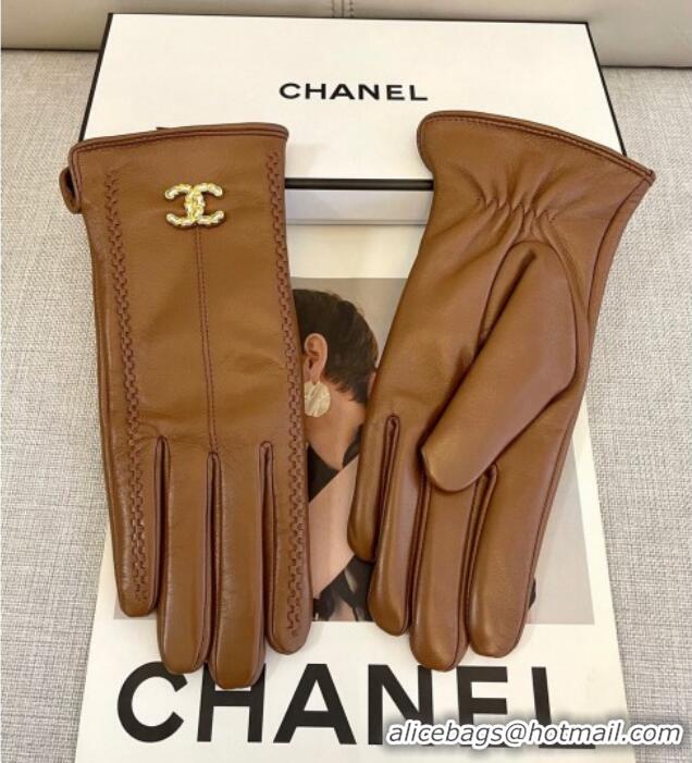 Grade Quality Chanel Lambskin and Cashmere Gloves with Stone CC 1129 Brown 2024