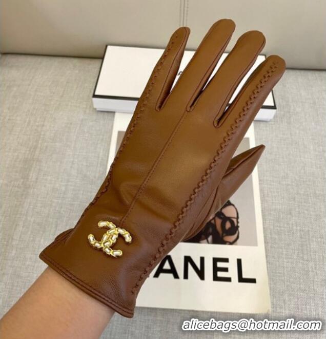 Grade Quality Chanel Lambskin and Cashmere Gloves with Stone CC 1129 Brown 2024