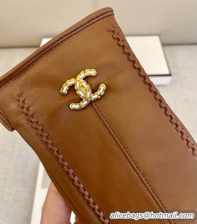 Grade Quality Chanel Lambskin and Cashmere Gloves with Stone CC 1129 Brown 2024