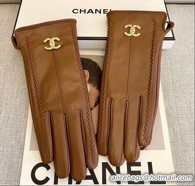 Grade Quality Chanel Lambskin and Cashmere Gloves with Stone CC 1129 Brown 2024