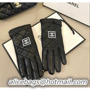Grade Quality Chanel Lambskin Gloves with White CC 1129 Black 2024