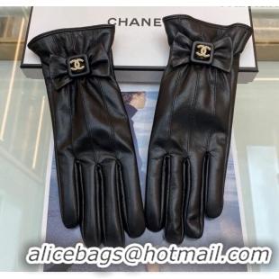 Luxury Cheap Chanel Lambskin Gloves with Bow 112902 Black 2024