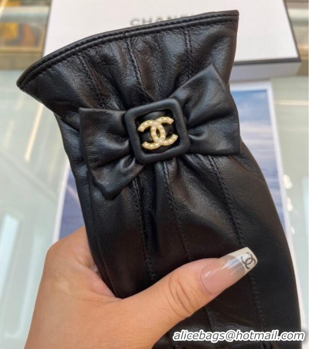 Luxury Cheap Chanel Lambskin Gloves with Bow 112902 Black 2024
