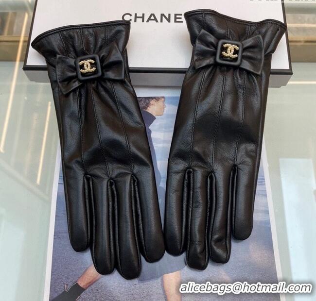 Luxury Cheap Chanel Lambskin Gloves with Bow 112902 Black 2024