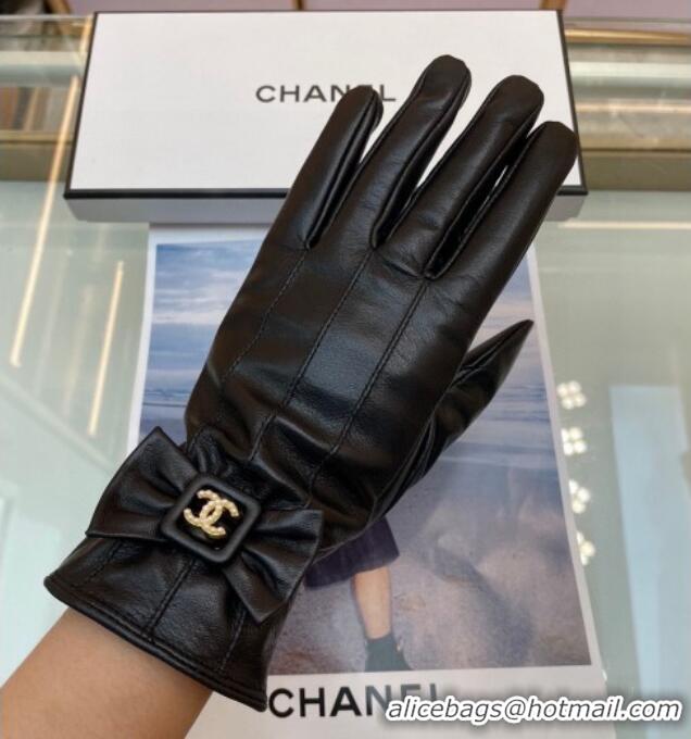 Luxury Cheap Chanel Lambskin Gloves with Bow 112902 Black 2024