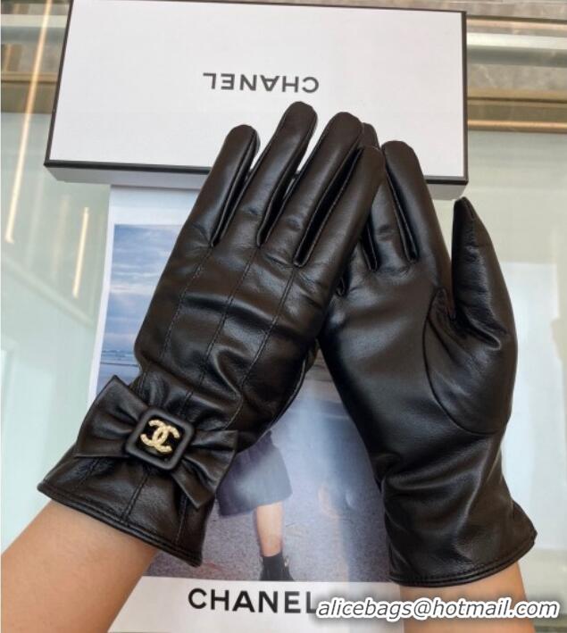 Luxury Cheap Chanel Lambskin Gloves with Bow 112902 Black 2024