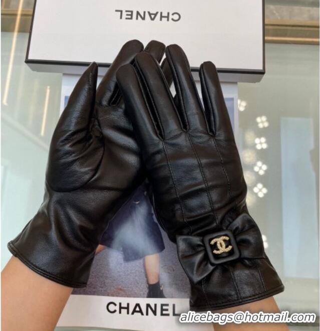 Luxury Cheap Chanel Lambskin Gloves with Bow 112902 Black 2024