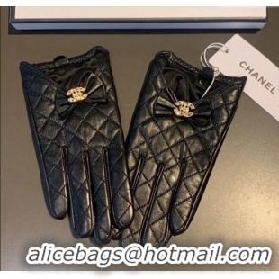 New Cheap Chanel Quilted Lambskin and Cashmere Gloves with Bow 1111 Black 2025