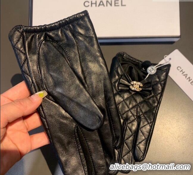 New Cheap Chanel Quilted Lambskin and Cashmere Gloves with Bow 1111 Black 2025