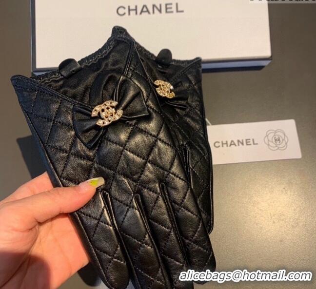 New Cheap Chanel Quilted Lambskin and Cashmere Gloves with Bow 1111 Black 2025