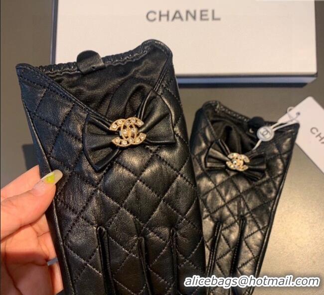 New Cheap Chanel Quilted Lambskin and Cashmere Gloves with Bow 1111 Black 2025