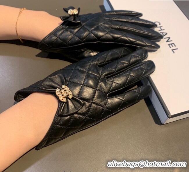 New Cheap Chanel Quilted Lambskin and Cashmere Gloves with Bow 1111 Black 2025