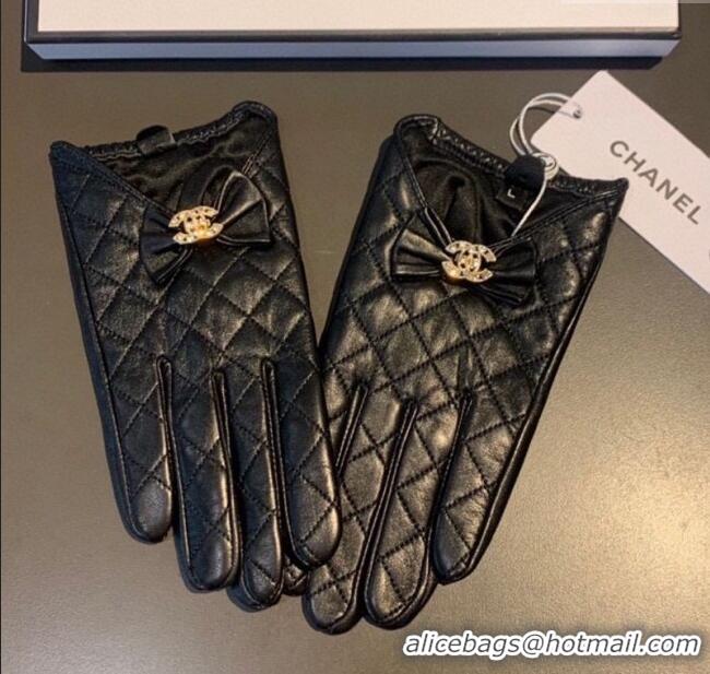 New Cheap Chanel Quilted Lambskin and Cashmere Gloves with Bow 1111 Black 2025
