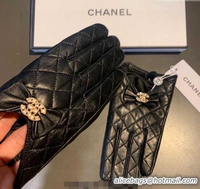 New Cheap Chanel Quilted Lambskin and Cashmere Gloves with Bow 1111 Black 2025